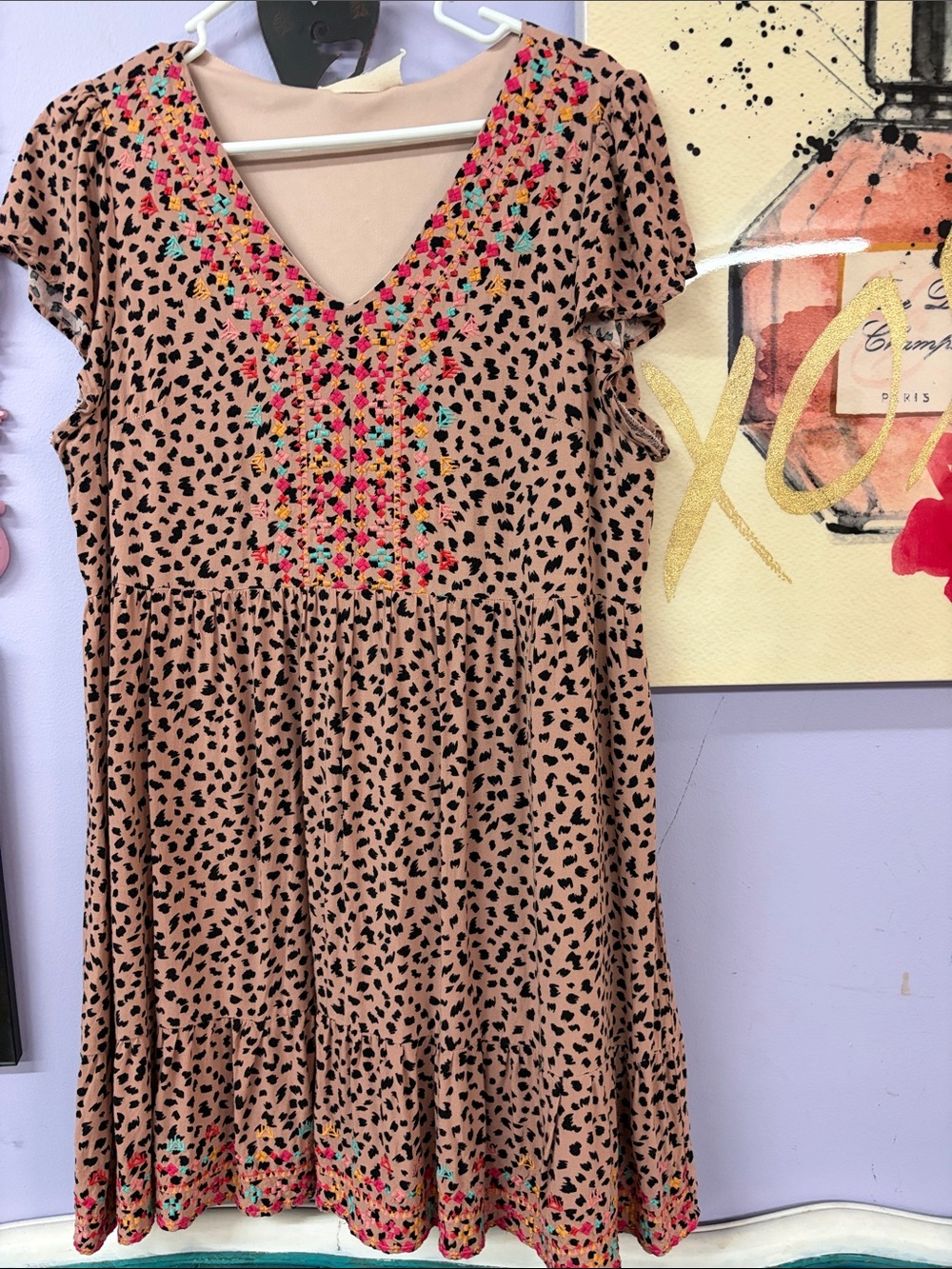 Savanna Jane Tan Dress with Black Spot Print and Multicolor Embroidery
